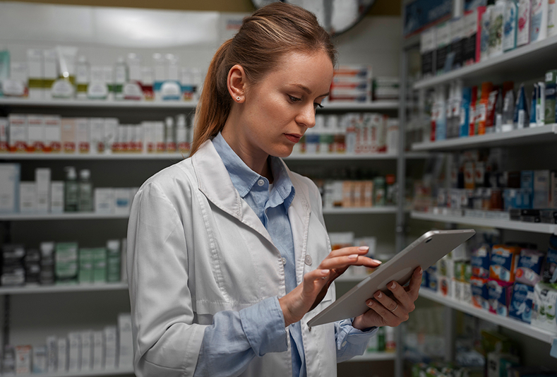 Farmacista con tablet in mano